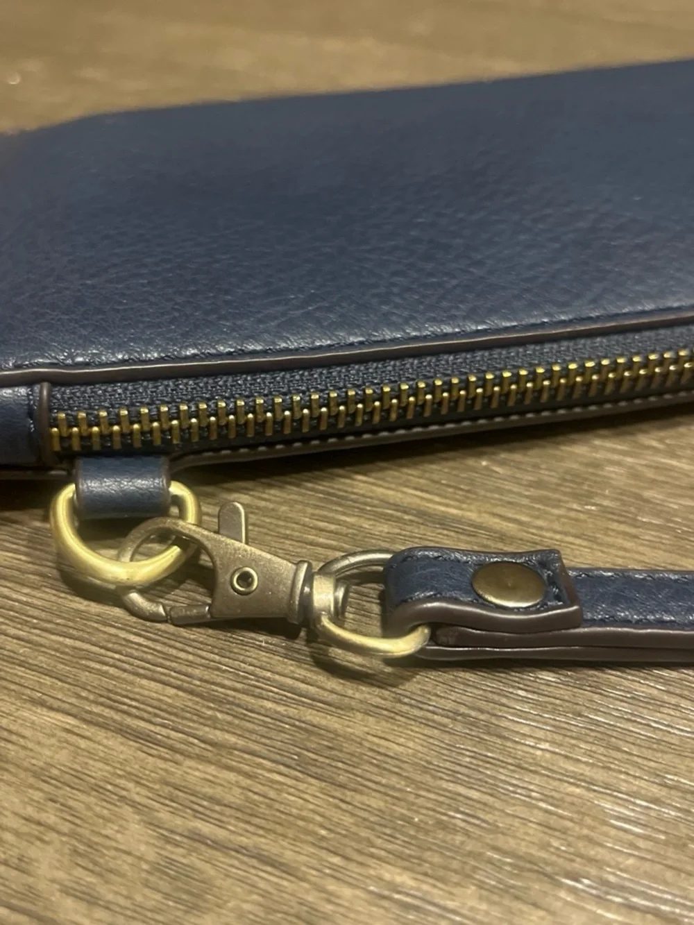 Joy Susan Navy Leather Wristlet Clutch with Gold Accent
